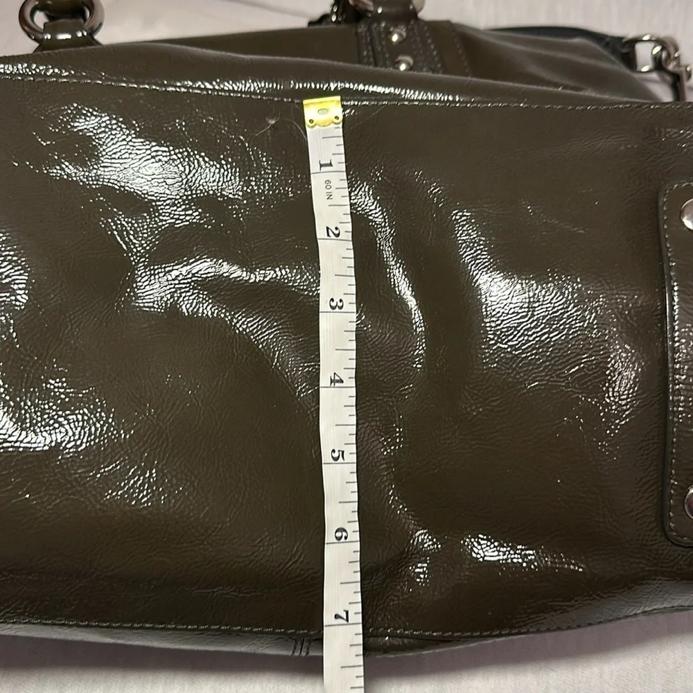 Coach Madison Sabrina Satchel Olive Green/Gray Authentic Patent Leather Purse